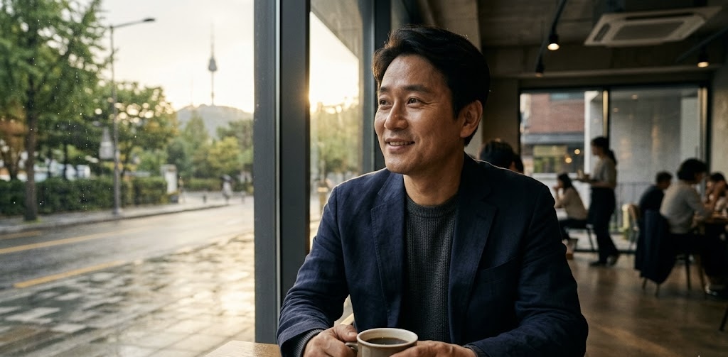 비가 내린 후 맑아지는 서울의 한 카페 창가에 앉아, 따뜻한 커피 잔을 들고 평온하고 자유로운 미소를 지으며 창밖을 바라보고 있는 40대 후반의 한국인 남성 기업가"