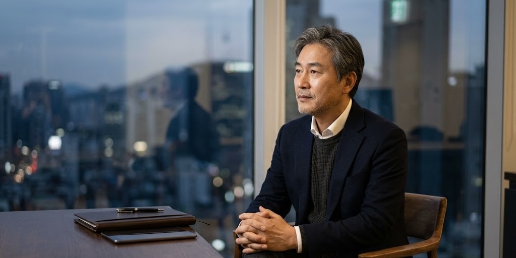도시 야경이 내려다보이는 차분한 사무실 안, 한 손을 맞잡고 생각에 잠긴 50대 한국인 남성 IT 기업 경영자의 모습. 은은한 조명 속에서 고난을 통과하며 깊어진 내면과 진중함이 느껴지는 실사 이미지입니다.