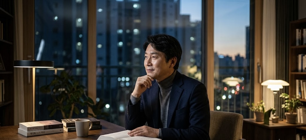 도시의 새벽 풍경이 내려다보이는 차분한 서재에서, 50대 한국인 남성 IT CEO가 책상 앞에 앉아 깊은 명상과 묵상에 잠겨 있습니다. 책상 위에는 펼쳐진 성경책과 노트북, 따뜻한 커피 한 잔이 놓여 있으며, 은은한 스탠드 조명이 아늑한 분위기를 자아냅니다. 과거의 바쁜 삶을 뒤로하고 주님의 음성에 귀를 기울이며 마음의 문을 여는 평온하고 영성 있는 순간을 표현하고 있습니다