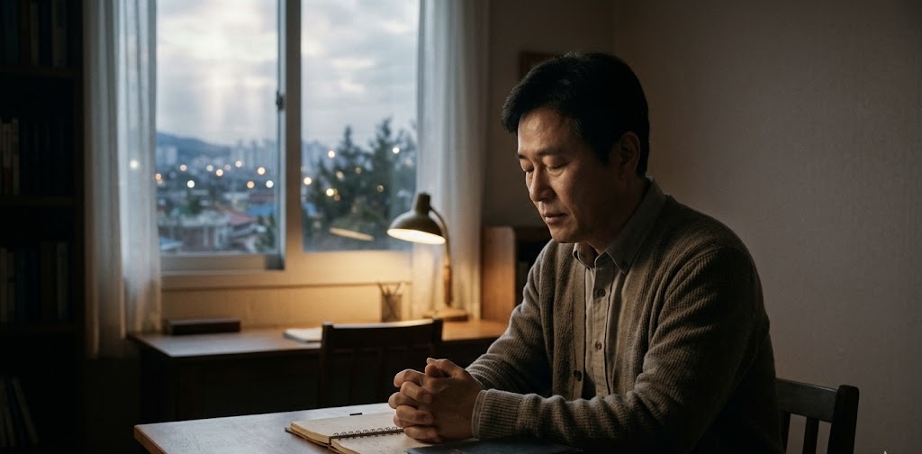 대체 텍스트: 차분한 조명의 방 안에서, 한 중년의 한국인 남성이 책상 앞에 앉아 두 손을 모으고 조용히 묵상하고 있는 모습. 책상 위에는 펼쳐진 노트와 책이 놓여 있으며, 창밖으로는 은은한 도시의 밤 풍경이 보입니다.