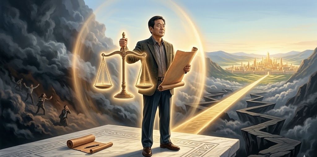 한 남성이 황금빛 정의의 저울과 두루마리를 들고 빛의 길을 걸어갑니다. 어둠의 구름은 물러나고, 뒤편으로 굽은 길이 직선으로 곧게 펴져 있으며 빛나는 도시가 보입니다.