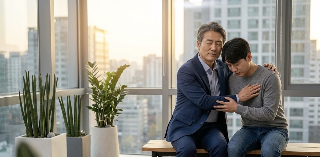 현대적인 사무실에서 중년의 한국인 남성이 한 손을 가슴에 얹고 깊은 생각에 잠겨 있으며, 그 옆에는 젊은 남성이 울고 있습니다.