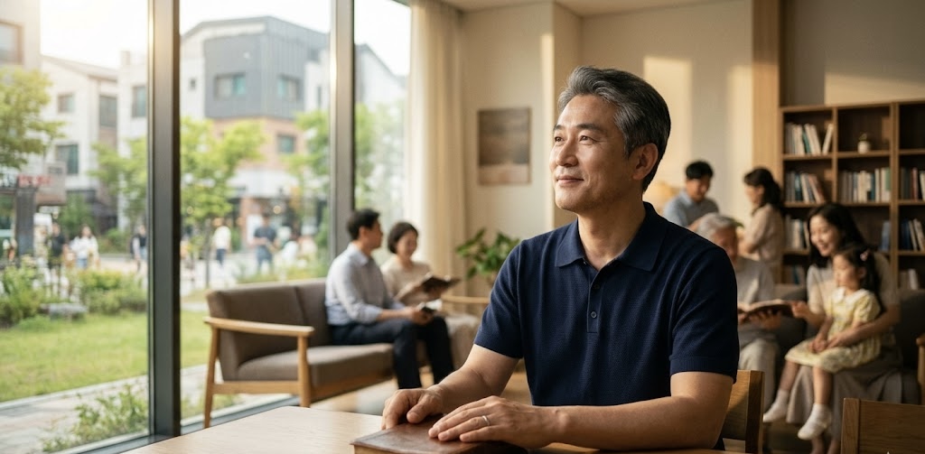따뜻한 햇살이 비치는 밝고 아늑한 실내 공간에서, 한 중년의 한국인 남성이 테이블 위에 놓인 책에 손을 얹은 채 미소를 지으며 창밖을 바라보고 있습니다. 배경에는 가족, 이웃들과 함께 모여 대화를 나누고 책을 읽는 다정하고 친밀한 사람들의 모습이 조화롭게 어우러져 있어, 진정한 관심과 사랑의 회복을 시각적으로 보여줍니다.