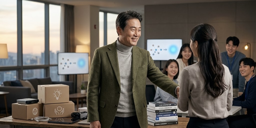 따뜻한 노을빛이 들어오는 현대적인 IT 기업 사무실을 배경으로 한 이미지입니다. 신뢰감 있고 온화한 인상의 50대 한국인 남성 기업가가 젊은 직원에게 책을 건네며 환한 미소로 격려의 악수를 나누고 있습니다. 테이블 위에는 나눔을 상징하는 아이콘이 그려진 기부 박스들과 책들이 놓여 있으며, 주변의 젊은 직원들이 이를 흐뭇하게 바라보고 있어 베풂과 선한 영향력의 따뜻한 분위기를 전달합니다