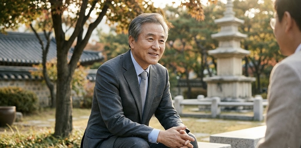고즈넉한 한국 전통 정원을 배경으로, 단정한 정장 차림의 중년 한국인 남성이 온화하고 진실한 미소를 지으며 상대방과 대화를 나누고 있는 실사 이미지입니다. 따뜻한 햇살이 비치는 풍경이 원고 속 '마음을 따뜻하게 하는 유순하고 진실한 언어'의 분위기를 전달합니다.