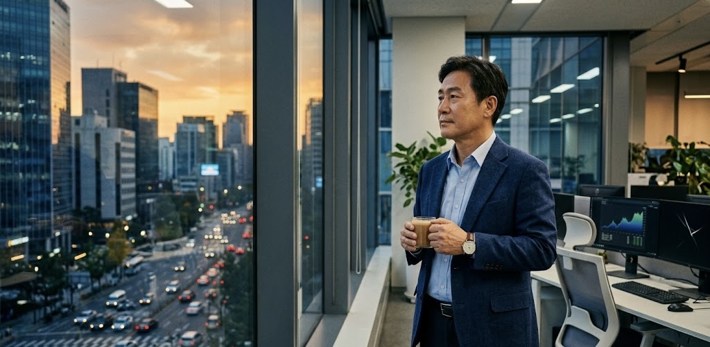 한 50대 한국인 남성 IT 기업 경영인이 빌딩 숲이 내려다보이는 현대적인 사무실 창가에 서서 커피 잔을 든 채 먼 곳을 바라보며 깊은 생각에 잠겨 있습니다. 창밖으로는 노을이 붉게 물든 서울 도심의 도로와 바쁘게 움직이는 차량들이 보입니다.