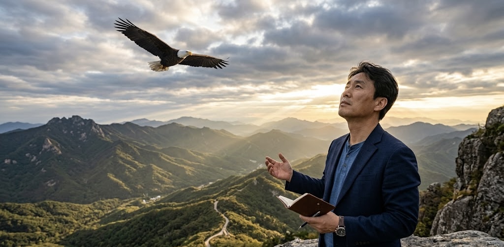 광활한 산맥이 내려다보이는 산 정상에서, 한 중년의 한국인 남성이 노트를 들고 간절한 표정으로 하늘을 올려다보고 있다. 그의 머리 위로 독수리 한 마리가 힘차게 날개치며 창공을 향해 날아오르고 있으며, 구름 사이로 따스한 햇살이 내리쬐고 있다.