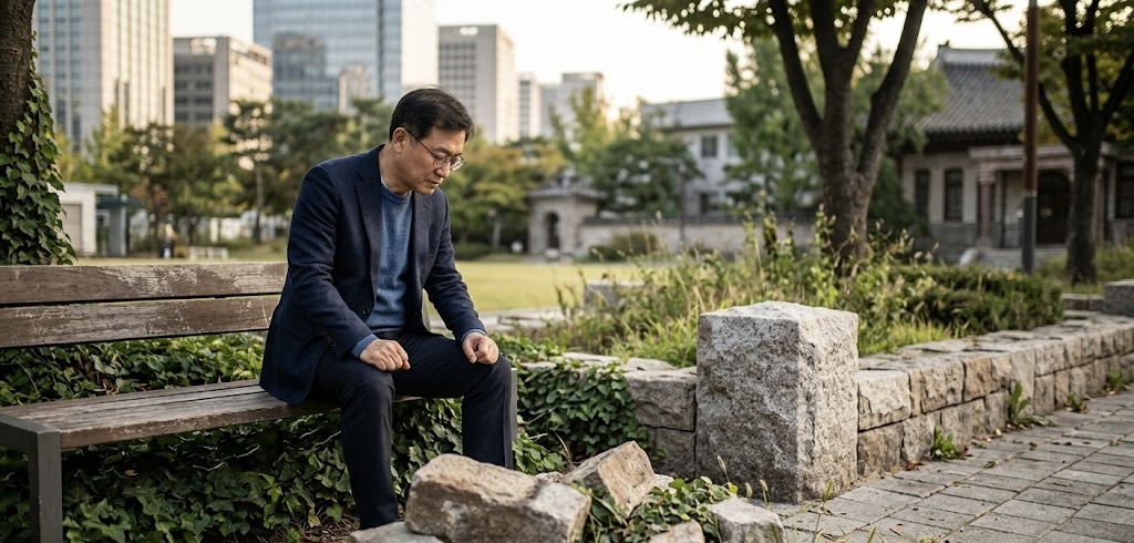 현대적인 도시 빌딩과 전통 건축물이 공존하는 공원의 벤치에 앉아, 바닥에 흩어져 있는 거친 돌더미를 깊은 생각에 잠긴 표정으로 바라보고 있는 50대 한국인 남성 IT 기업가의 모습입니다. 오른쪽에는 단단하게 쌓인 돌벽의 모퉁이 돌이 보이며, 전체적으로 차분하고 묵직한 분위기를 풍깁니다.