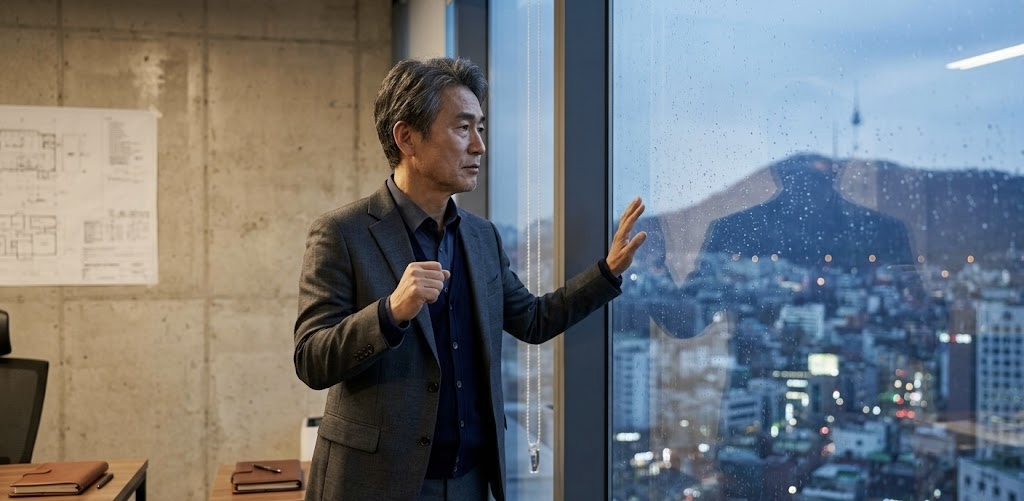 비 내리는 저녁, 서울 도시 전경이 내려다보이는 IT 기업 사무실 창가에 한 중년의 한국인 남성 경영인이 서 있다. 그는 깔끔한 정장 재킷을 입고 있으며, 한 손은 창문에 가볍게 대고 다른 한 손은 가슴 높이로 쥔 채 진중하고 간절한 표정으로 밖을 바라보고 있다. 사무실 내부에는 책상과 다이어리가 놓여 있어 전문적인 분위기를 자아낸다.