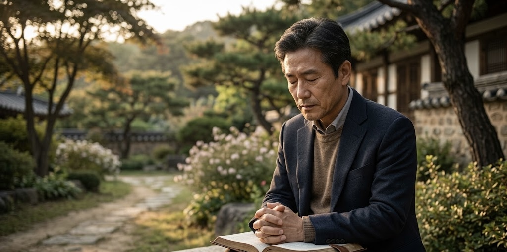 한옥 마당의 돌벤치에 앉아 무릎 위에 성경책을 펼쳐두고 두 손을 모아 간절히 기도하고 있는 50대 한국인 남성의 모습. 차분하고 진중한 표정이며, 배경에는 따스한 햇살이 비치는 정원과 기와지붕이 어우러져 평온하고 영적인 분위기를 자아냅니다.