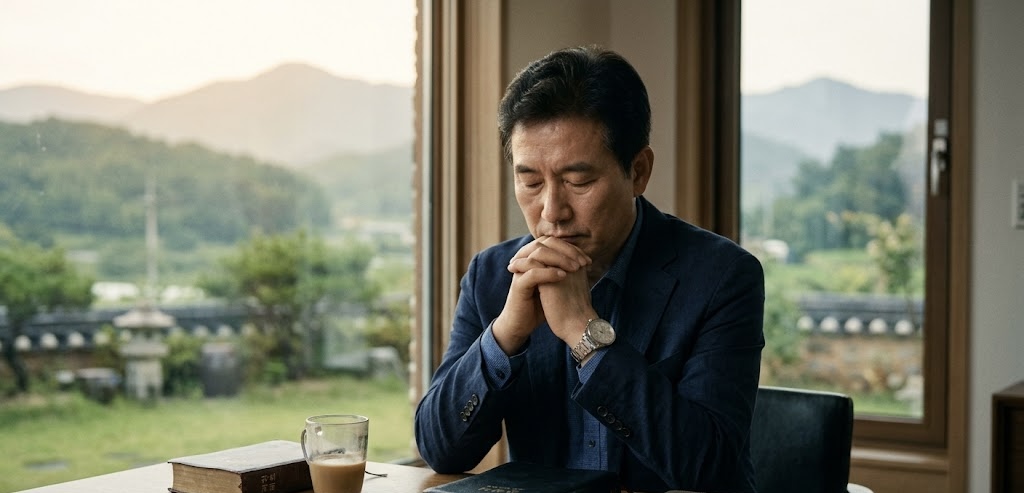 창밖으로 평온한 자연 풍경이 보이는 실내에서, 50대 중년의 한국인 남성이 테이블 앞에 앉아 두 손을 모으고 눈을 감은 채 깊은 명상과 기도를 하고 있다. 테이블 위에는 낡은 책들과 커피 한 잔이 놓여 있으며, 전체적으로 차분하고 진지한 분위기를 자아낸다.