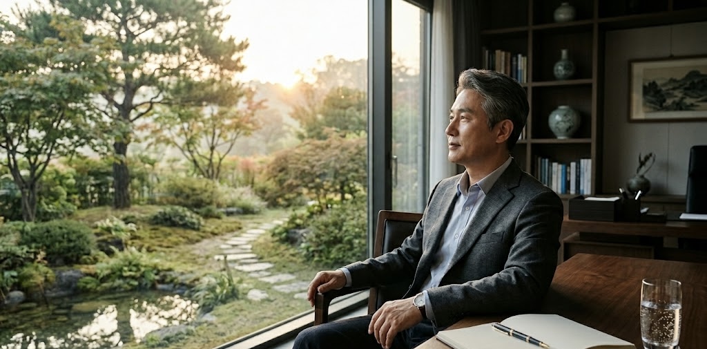 통창 너머로 따스한 햇살이 비치는 정원을 바라보며, 서재 책상에 앉아 깊은 생각에 잠겨 있는 50대 한국인 남성 IT 기업 경영자의 모습을 담은 실사 이미지입니다. 책상 위에는 펼쳐진 노트와 펜, 그리고 맑은 물이 담긴 유리컵이 놓여 있어 내면의 성찰과 '마르지 않는 생명수'의 이미지를 차분하고 전문적인 분위기로 표현하고 있습니다.