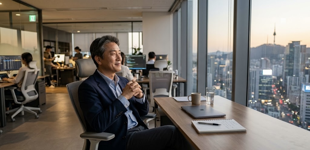 통창 너머로 서울 도심 풍경이 내려다보이는 IT 기업 사무실에서, 신뢰감 주는 인상의 50대 한국인 남성 경영인이 의자에 기대어 앉아 평온하고 감사한 미소를 지으며 창밖을 바라보고 있습니다. 책상 위에는 노트북과 수첩이 놓여 있고, 배경에는 업무에 집중하고 있는 직원들의 모습이 흐릿하게 보입니다.
