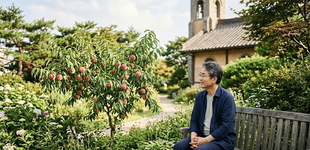 화면 왼쪽에는 작고 가냘프지만 탐스러운 분홍빛 복숭아가 주렁주렁 매달린 복숭아나무가 푸른 잎을 뽐내고 있습니다. 오른쪽 나무 벤치에는 남색 셔츠를 입은 50대 한국인 남성이 온화한 미소를 지으며 이 복숭아나무를 묵묵히 바라보고 있습니다. 벤치 위에는 안경과 노트가 놓여 있으며, 배경으로는 고즈넉한 교회 건물과 푸른 하늘, 그리고 정원의 꽃과 나무들이 조화롭게 어우러져 평온하고 묵상하는 듯한 분위기를 자아냅니다.