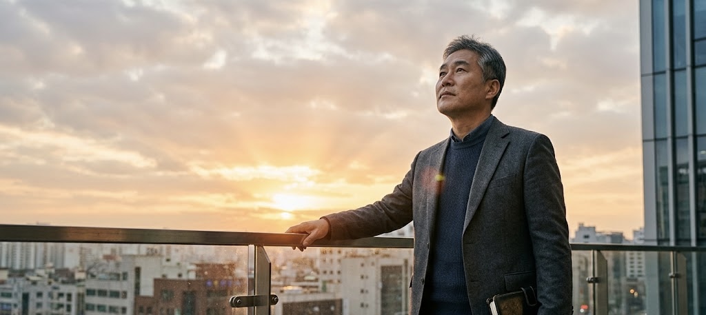 현대적인 IT 기업 빌딩의 높은 루프탑(테라스) 난간에 기대어 있습니다. 뒤편으로는 차가운 도시의 빌딩 숲과 도로가 보입니다