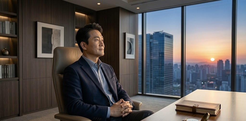 석양이 지는 도시 전경이 내려다보이는 고급스럽고 현대적인 고층 빌딩 사무실을 배경으로 한 이미지입니다. 신뢰감 있고 온화한 인상의 50대 한국인 남성 기업가가 맞춤형 네이비 블루 수트 차림으로 편안한 가죽 의자에 앉아 있습니다. 그는 두 손을 정갈하게 모으고 따뜻하고 평온한 표정으로 창밖의 도시와 노을을 바라보며 사색에 잠겨 있습니다. 책상 위에는 고급 가죽 제본 노트와 컴퍼스가 놓여 있어 그의 오랜 여정과 리더십을 상징합니다