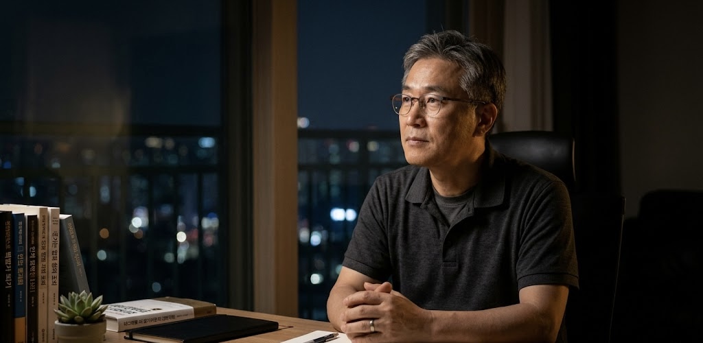 캄캄한 새벽, 어두운 도시 야경이 내다보이는 사무실 창가 책상에 앉아 있는 50대 한국인 남성 IT 기업 경영자의 모습. 안경을 쓰고 고뇌와 고요함이 교차하는 진중한 표정으로 먼 곳을 바라보고 있으며, 책상 위에는 펼쳐진 노트와 펜, 태블릿, 책들이 놓여 있다. 어둠 속에서 은은한 스탠드 조명이 남성을 비추고 있어 '아무것도 보이지 않는 고독한 순간과 보이지 않는 믿음'의 분위기를 자아낸다.