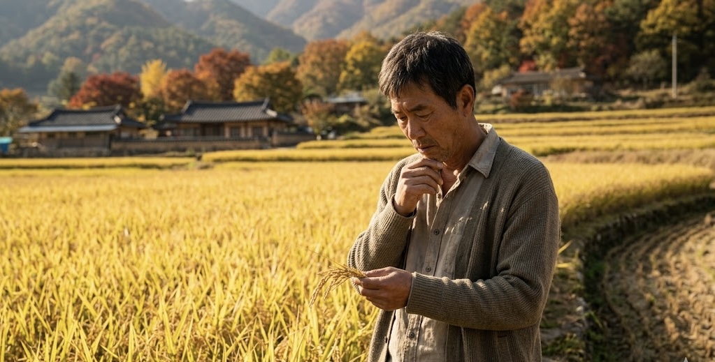 황금빛으로 물든 가을 들녘을 배경으로, 깊은 생각에 잠긴 채 벼이삭을 바라보고 있는 중년 한국인 남성의 모습. 뒤편으로는 울긋불긋한 단풍이 든 산과 고즈넉한 한옥들이 어우러져 수확 계절의 분위기를 자아냅니다.