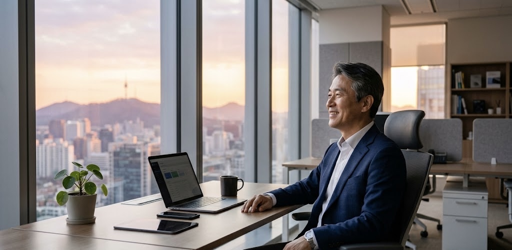 새벽녘 서울 도심이 내려다보이는 현대적인 IT 기업 사무실에서, 한 중년의 한국인 남성 CEO가 창밖의 일출을 바라보며 미소를 짓고 있는 실사 이미지. 책상 위에는 노트북과 커피잔이 놓여 있으며, 전체적으로 차분하고 평안한 분위기를 자아냅니다