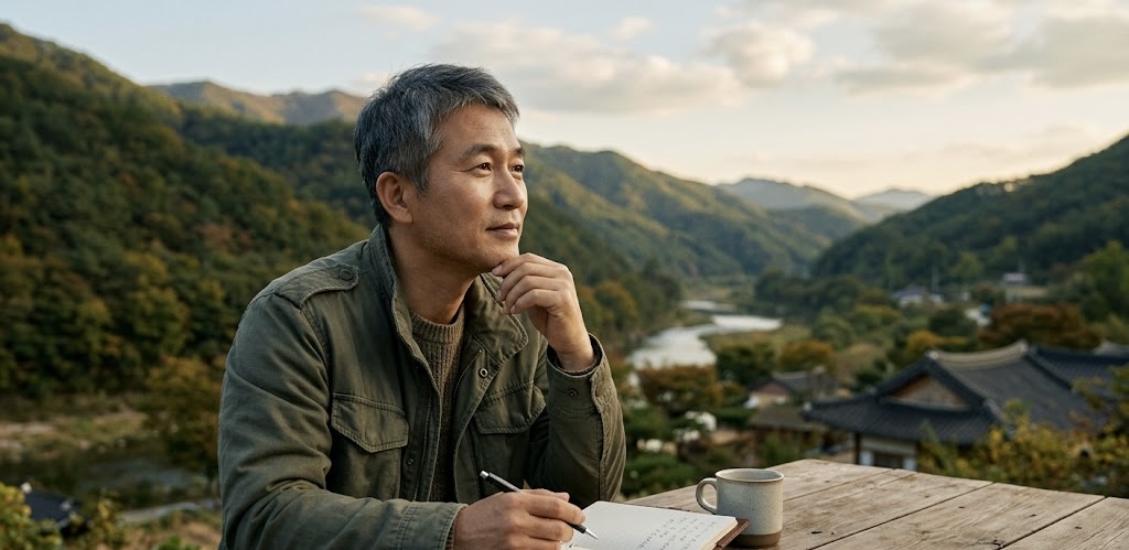 야외 목재 테이블에 앉아 공책과 펜을 들고 깊은 생각에 잠겨 있는 중년 한국인 남성의 모습. 배경에는 고즈넉한 한옥 마을과 산, 강이 어우러진 평화로운 자연 풍경이 펼쳐져 있습니다.