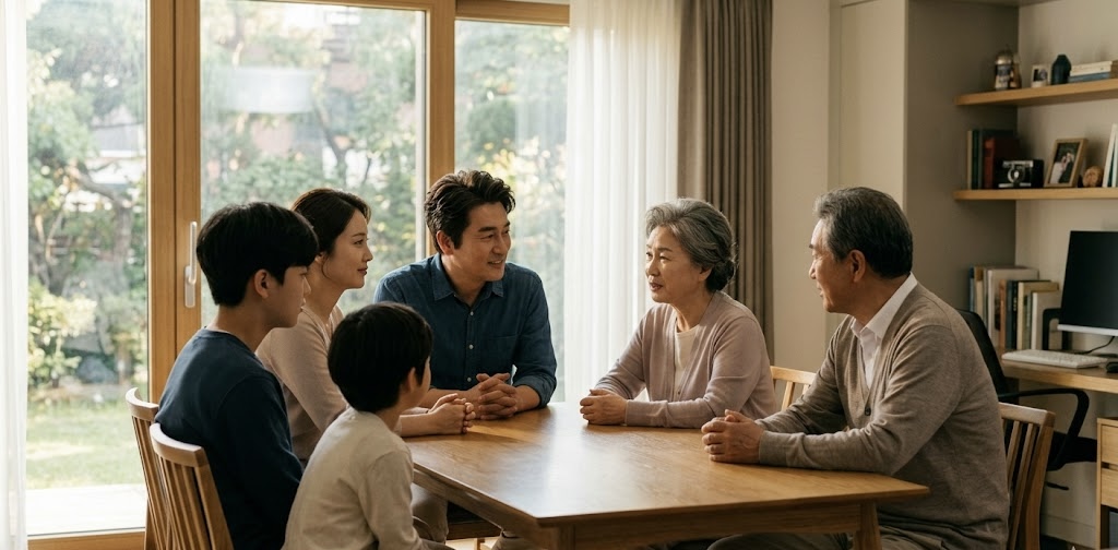 따뜻한 햇살이 비치는 거실에서 조부모, 부모, 두 자녀로 구성된 삼대(3代) 가족이 원목 식탁에 둘러앉아 서로를 바라보며 다정하게 대화를 나누고 있는 모습. 배경에는 넓은 창문 너머로 푸른 정원이 보이며, 전체적으로 화목하고 평온한 분위기를 자아낸다.