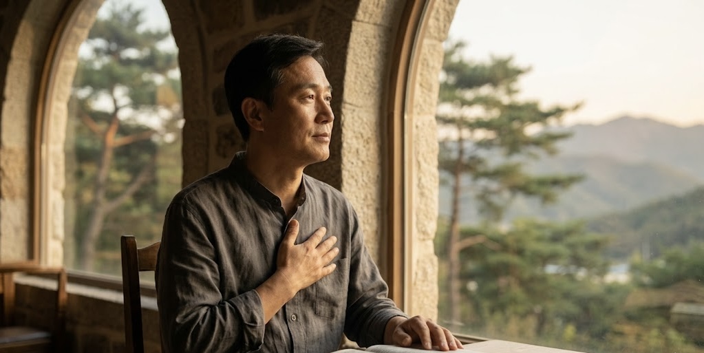 아치형 창문 너머로 숲이 보이는 고풍스러운 공간에서, 한 손을 가슴에 얹고 평온한 표정으로 창밖을 바라보는 중년 한국인 남성의 모습. 그의 앞 책상 위에는 펼쳐진 성경책이 놓여 있으며, 따뜻한 자연광이 실내를 비추고 있습니다.