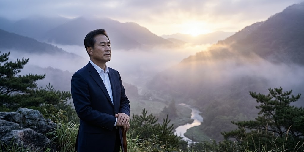 이른 아침, 안개가 자욱하게 내려앉은 산 정상에서 정장을 입은 중년의 한국인 남성이 눈을 감고 경건하게 기도하고 있는 실사 이미지. 산 아래로는 굽이쳐 흐르는 강물이 보이며, 먼 산등성이 너머로 따스한 아침 햇살이 은은하게 번져 나오고 있습니다.