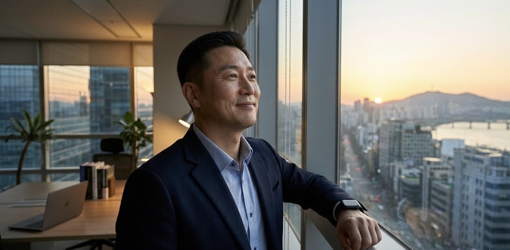 이른 새벽, 현대적인 IT 기업 사무실 창가에서 한 한국인 남성 CEO가 은은하게 떠오르는 서울의 일출을 바라보며 미소를 짓고 있다. 절망을 딛고 일어나 '돌이킴과 새로운 시작'을 다짐하는 듯한 희망차고 당당한 표정이며, 창밖으로는 한강과 도시 풍경이 펼쳐져 있다.