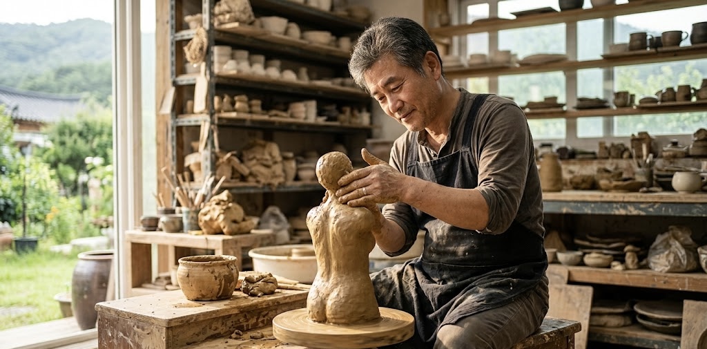 햇살이 따스하게 내리쬐는 작업실에서 한 중년의 한국인 예술가가 진흙으로 정성스럽게 사람의 형상을 빚고 있는 실사 이미지입니다.