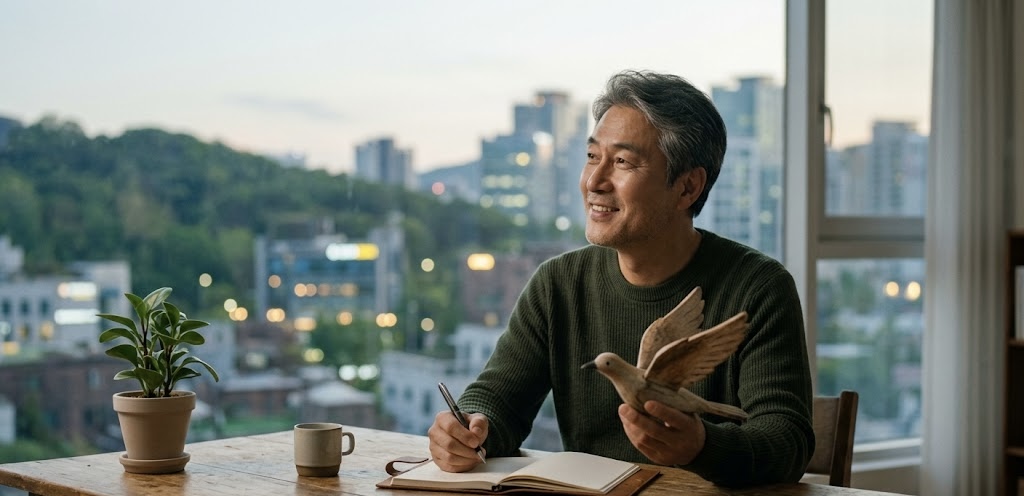 "25년간 IT 기업을 경영했던 중년의 한국인 남성이 해질녘 도시 풍경이 보이는 창가 테이블에 앉아 부드러운 미소를 짓고 있습니다. 남성은 한 손에 펜을 들고 노트를 펼쳐 둔 채, 다른 한 손에는 날개를 펼친 새 모양의 나무 조각상을 소중히 들고 먼 곳을 바라보고 있습니다. 테이블 위에는 작은 화분과 찻잔이 놓여 있으며, 전체적으로 욕심을 내려놓은 마음의 평안과 감사의 분위기를 전달하는 따뜻하고 차분한 실사 이미지입니다."