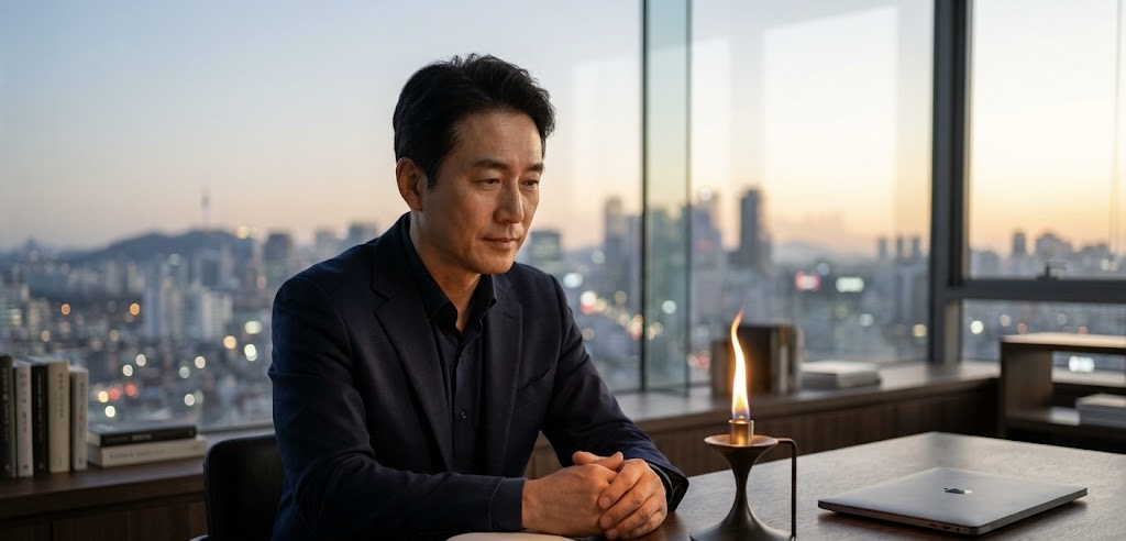 새벽녘 도시 전경이 내려다보이는 IT 기업 집무실에서, 한 중년의 한국인 남성 경영자가 책상 앞에 앉아 진지한 표정으로 촛불을 바라보며 묵상하고 있다. 책상 위에는 노트북과 펼쳐진 노트가 놓여 있으며, 잔잔하게 타오르는 작은 불꽃이 남성의 얼굴과 주변을 따뜻하게 비추고 있다.