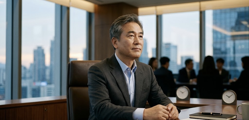25년 경력 IT 기업 리더의 온유함과 침묵의 힘을 표현한 이미지. 세련된 오피스 회의실에서 흔들림 없는 평온한 표정으로 정면을 응시하고 있는 중년의 한국인 남성 CEO의 모습.