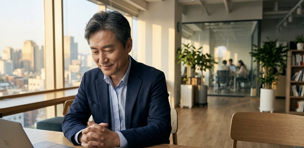 따스한 석양이 비치는 현대적인 IT 기업 사무실에서, 한 중년의 한국인 남성 경영인이 노트북과 노트를 앞에 두고 두 손을 모은 채 은은한 미소를 지으며 생각에 잠겨 있다.