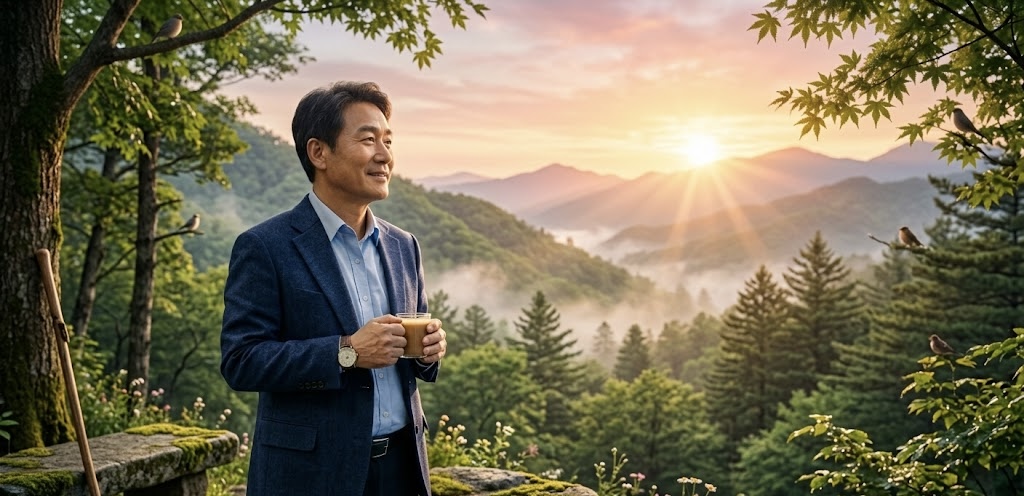 산과 숲을 배경으로 한 평화로운 풍경을 담고 있습니다. 일출이나 일몰 시간대의 부드러운 빛과 안개 속에서 한 남성이 벤치에 앉아 있습니다.