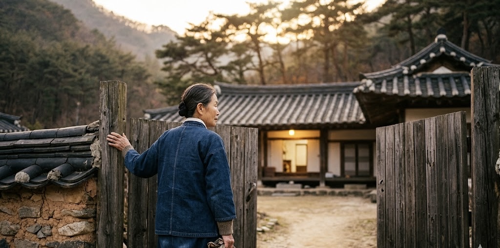 해 질 녘, 보따리를 든 한 한국인 여성이 열려 있는 한옥 마당의 나무 대문을 열고 안을 바라보고 있는 뒷모습. 집 안쪽 방에는 따뜻한 불빛이 켜져 있고, 배경에는 아늑한 산과 소나무들이 어우러져 돌아온 자녀를 맞이하는 따뜻한 고향 집의 분위기를 자아냅니다.