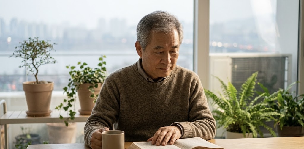 창밖으로 도시 풍경이 보이는 차분한 공간에서, 한 중년의 한국인 남성이 테이블에 앉아 책을 펼쳐두고 깊이 묵상하고 있습니다. 남성은 한 손에 머그잔을 들고 다른 한 손은 책 위에 얹은 채 온화하고 진중한 표정으로 아래를 바라보고 있으며, 주변에는 초록빛 실내 식물들이 따뜻하고 평온한 분위기를 더해줍니다.