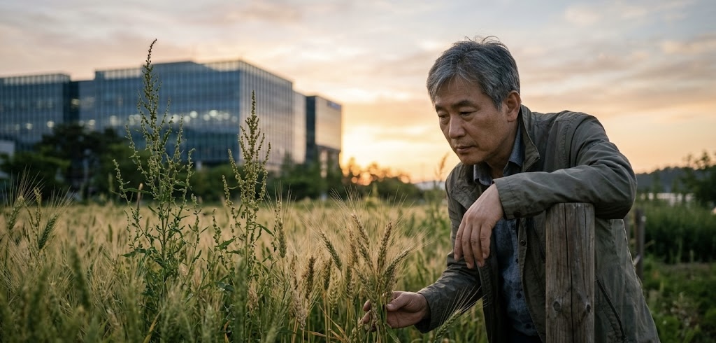 해질녘, 현대적인 IT 기업 빌딩들이 보이는 도심 속 밀밭에서 한 중년의 한국인 남성(IT CEO)이 진중한 표정으로 알곡과 가라지가 섞여 자라는 모습을 바라보며 생각에 잠겨 있다.