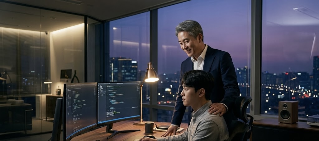 새벽녘 도시가 내려다보이는 IT 기업 사무실에서, 중년의 남성 CEO가 모니터 앞의 젊은 남성 개발자 어깨에 손을 얹고 따뜻한 미소를 지으며 코칭하고 있는 실사 이미지입니다.