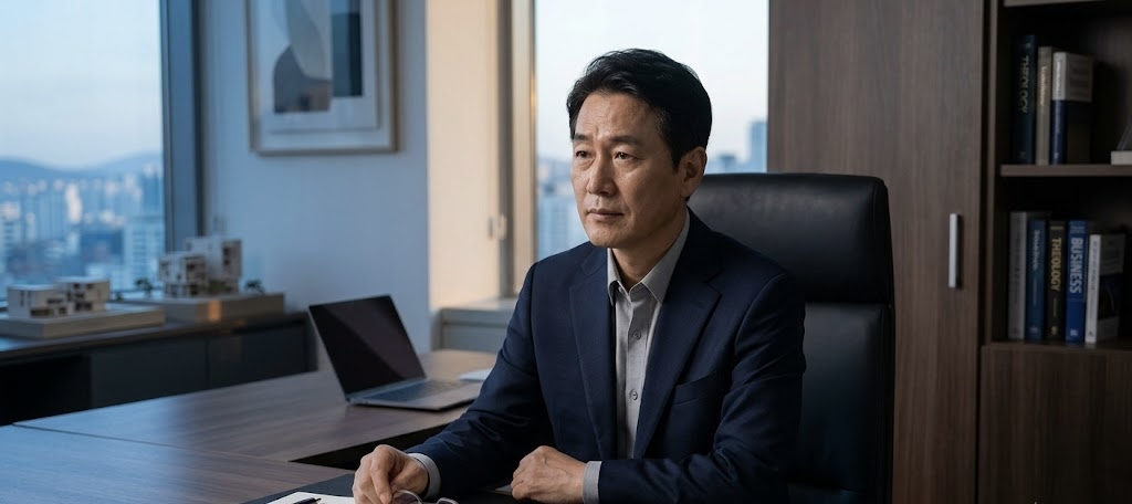 새벽녘 도시가 내려다보이는 차분하고 현대적인 집무실 안, 신뢰감 있고 지적인 분위기의 50대 한국인 남성 IT CEO가 정장을 입고 책상에 앉아 깊은 생각에 잠겨 있는 모습. 책상 위에는 다이어리와 안경이 놓여 있으며, 배경의 책장과 창밖 풍경이 전문적이고 중후한 느낌을 줍니다.