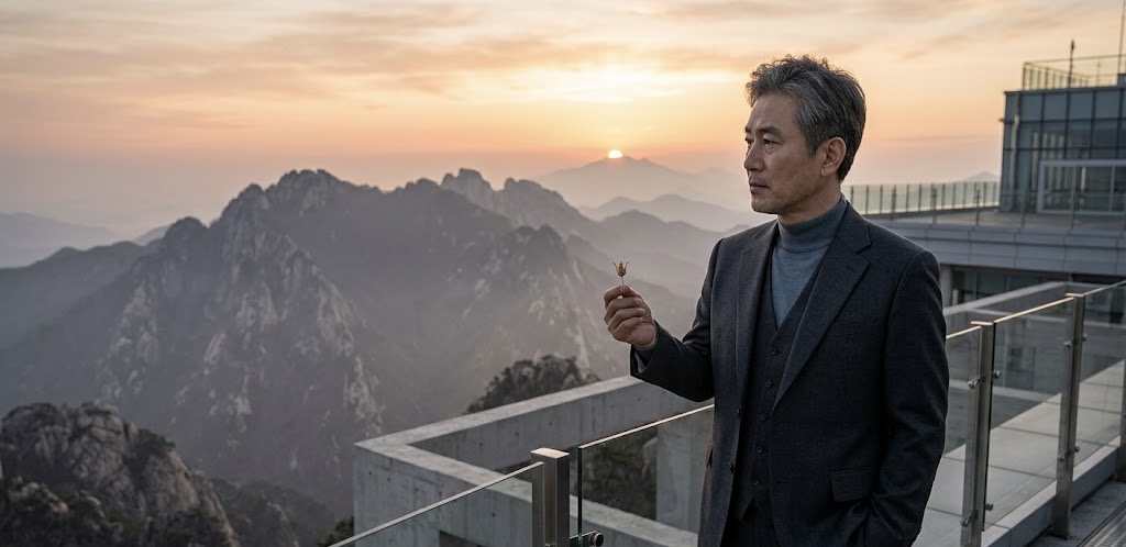 해 뜨는 산을 배경으로 옥상에 서 있는 남자. (그는 작은 씨앗을 들고 있다.)