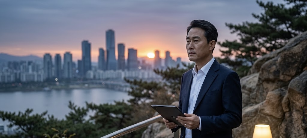 동틀 무렵, 한강과 서울 도심의 고층 빌딩 숲이 내려다보이는 탁 트인 야외 공간에 한 중년의 한국인 남성 CEO가 서 있다. 단정한 정장 차림의 그는 태블릿을 손에 든 채 깊은 생각에 잠겨 먼 곳을 바라보고 있으며, 주변에는 은은한 스탠드 조명과 경영 지표가 띄워진 모니터가 놓여 있어 새벽녘의 진중하고 전문적인 분위기를 자아낸다.