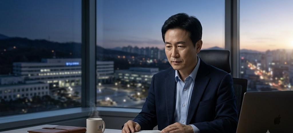 동틀 녘 새벽, 통유리창 너머로 도시 전경이 내려다보이는 집무실에서 한 중년의 한국인 남성 IT CEO가 진중한 표정으로 책상 위에 펼쳐진 책을 읽고 있다. 책상 위에는 노트북과 김이 모락모락 나는 머그잔이 놓여 있으며, 전체적으로 차분하고 평온한 새벽녘의 분위기가 감돈다.
