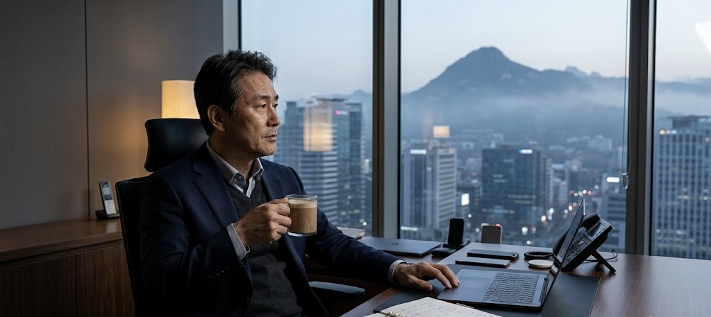 이른 아침, 세련된 사무실 안에서 한 중년의 한국인 남성 IT CEO가 창밖을 바라보며 깊은 생각에 잠겨 있습니다. 남성은 정장 재킷을 입고 한 손에는 커피 잔을 든 채 책상 앞에 앉아 있으며, 책상 위에는 노트북과 펼쳐진 가죽 다이어리가 놓여 있습니다. 통유리창 너머로는 아침 안개가 자욱하게 깔린 도심 풍경과 멀리 견고하게 서 있는 산의 실루엣이 펼쳐집니다. 전체적으로 차분하고 평온하며 신뢰감을 주는 새벽녘의 분위기입니다.