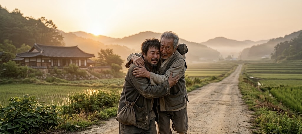 "은은한 아침 햇살이 비치는 한국의 시골길에서, 나이가 지긋한 아버지가 눈물을 흘리며 돌아온 초라한 모습의 아들을 품에 꼭 껴안고 있는 감동적인 실사 이미지"