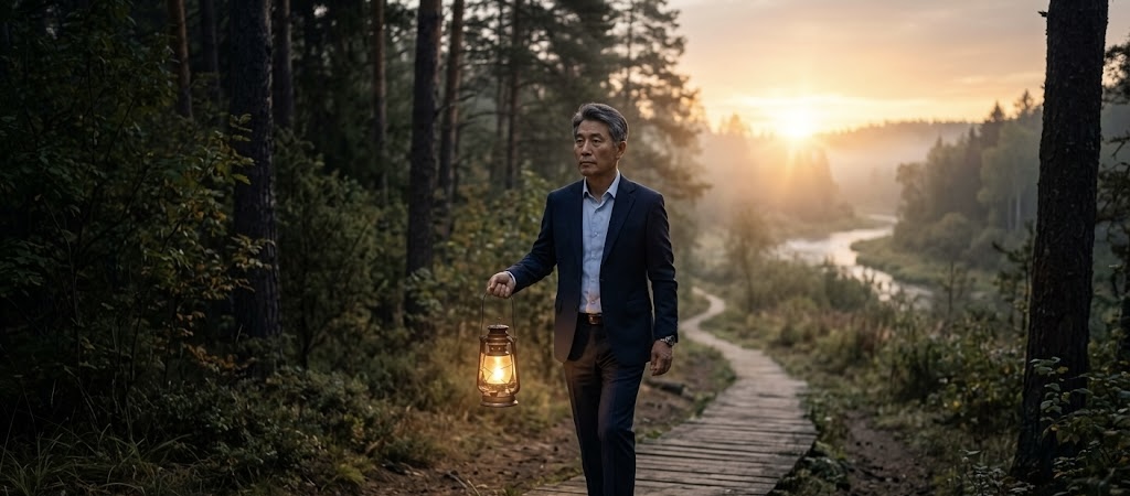 정장을 입은 한국인 남성이 새벽녘 숲속 오솔길을 등불을 들고 걷고 있는 모습입니다. 이는 '주의 말씀은 내 발에 등이요 내 길에 빛이니이다'라는 시편 말씀을 IT CEO의 관점에서 시각화한 것입니다.