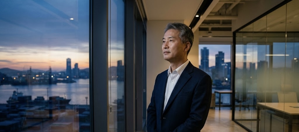 새벽녘 또는 해질녘의 도시와 바다 풍경이 내려다보이는 현대적인 사무실 창가에 서서, 정면을 묵묵히 응시하고 있는 중년 한국인 남성 IT CEO의 진중하고 당당한 모습.