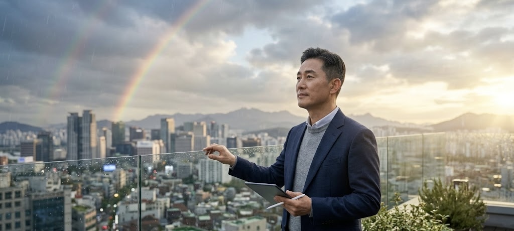 도시 전경이 내려다보이는 루프탑에서 한 남성이 비 갠 뒤 무지개를 바라보는 모습