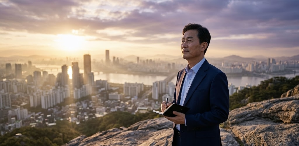 이른 아침, 한강과 서울 도심 전경이 내려다보이는 높은 바위 산 정상에 서 있는 중년 한국인 남성 IT CEO의 모습. 정장 재킷을 입은 그는 한 손에 작은 수첩과 펜을 들고 깊은 생각에 잠긴 채 먼 곳을 바라보고 있으며, 배경으로는 떠오르는 태양의 따스한 빛이 도시와 강을 비추고 있습니다.
