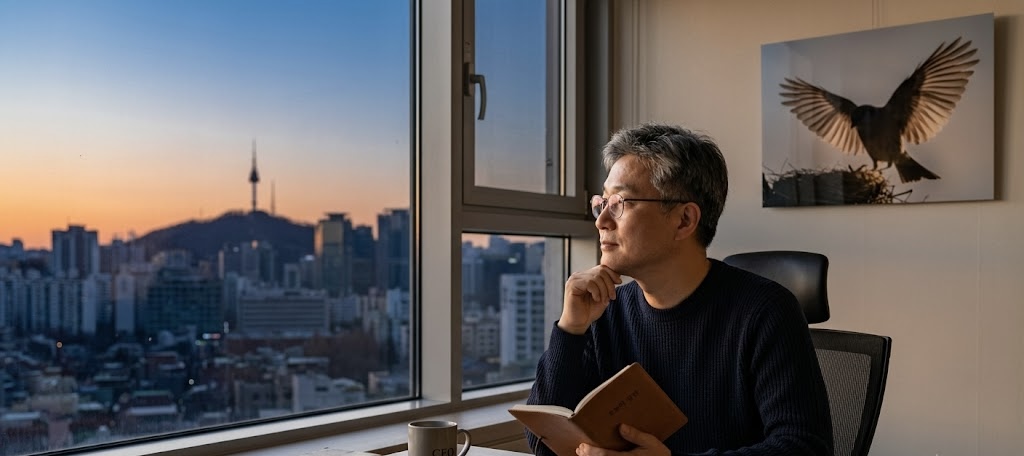 새벽빛이 들어오는 사무실 창가에서 중년의 한국인 CEO가 책을 든 채, 악기 케이스를 어깨에 멘 딸을 따뜻한 눈빛으로 바라보고 있다. 벽면에는 어미 새가 새끼 새에게 먹이를 주는 다스한 느낌의 액자가 걸려 있다