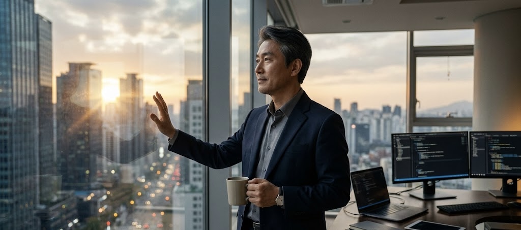 도심 고층 빌딩 사무실에서 창밖의 새벽녘 도시 전경을 바라보는 한국인 남성 IT CEO. 창문 유리에 반사된 햇살을 향해 손을 뻗고 있으며, 책상에는 모니터, 노트북, 태블릿 등이 놓여 있습니다.